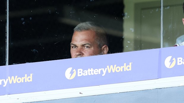 Anthony Seibold looks on during the round two match between Manly and the Knights at 4 Pines Park.