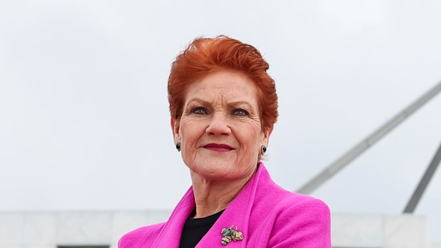 One Nation leader Senator Pauline Hanson at the front of Parliament House in Canberra in late July.