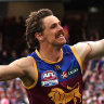 Joe Daniher celebrates after scoring a goal.