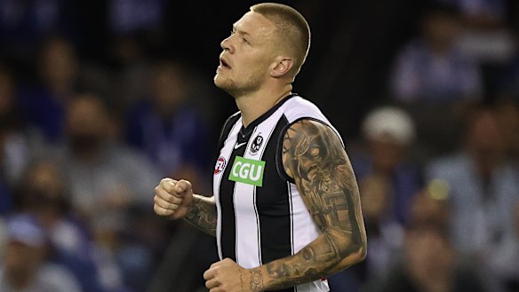 Jordan De Goey celebrates one of his six goals against the Kangaroos.
