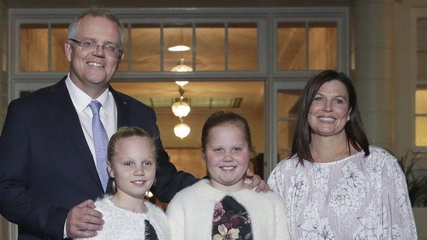 Freshly-minted Prime Minister Scott Morrison with his wife Jenny and daughters Abigail and Lily. 