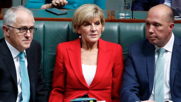 Malcolm Turnbull, Julie Bishop and Peter Dutton before August's leadership spill. 