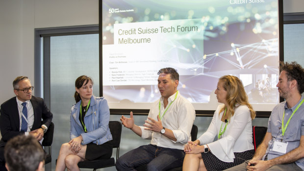 Tim McKessar of Credit Suisse, Kara Frederick of Tiger Financial, Paul Naphtali of Rampersand, Kerri Lee Sinclair of Kin Group and Ronnie Fink of Seek at the Credit Suisse Tech Forum in Melbourne.