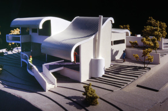 A model of Harry Seidler’s Gilhotra House, Hunters Hill, photographed in 1995 with black background in sun to capture shadows. 