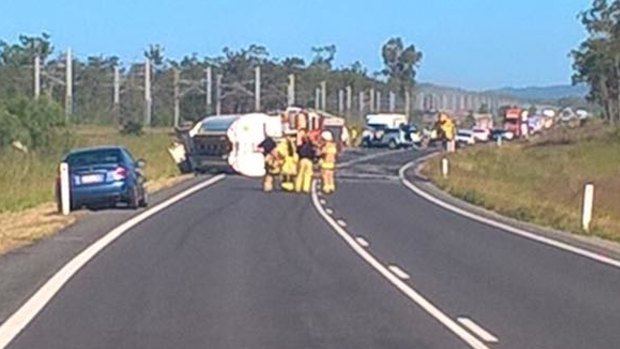 A fuel tanker rolled on the Bruce Highway near Marmor and started leaking fuel.