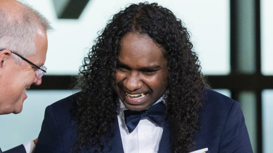 Danzal Baker receives his Young Australian of the Year award from Prime Minister Scott Morrison.