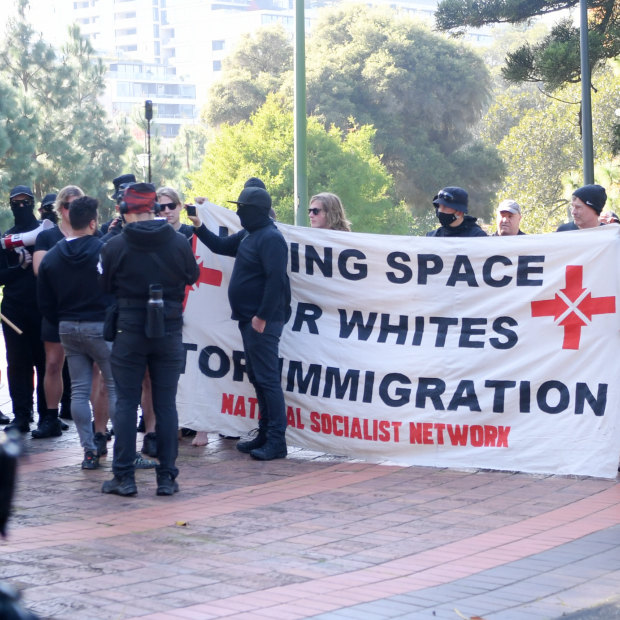 A banner held by members of the National Socialist Network last Saturday in the CBD.