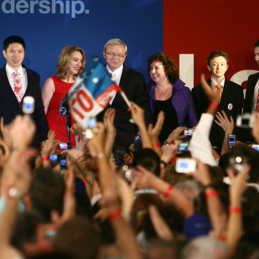 Happy days for Labor in 2007, as Kevin Rudd claims victory at Brisbane’s Suncorp Stadium.