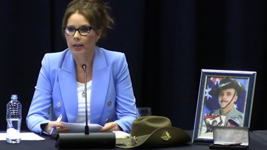 Nikki Jamieson speaks at the Royal Commission into Defence and Veteran Suicide in Brisbane on Monday, November 29, about her serviceman son Private Daniel Garforth who committed suicide in Darwin in 2014.