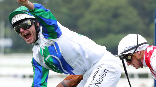 Luke Nolen salutes as Everest favourite I Wish I Win wins the 2023 TJ Smith Stakes.