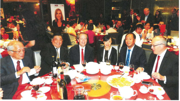 Labor's 2015 fundraising dinner at the Emperor's Garden Restaurant in Chinatown. Pictured are Ernest Wong, second from left; Bill Shorten, third from left; Huang Xiangmo, second from right; and Luke Foley, far right. 