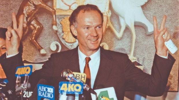 Labor leader Wayne Goss claims victory in the 1989 Queensland state election.