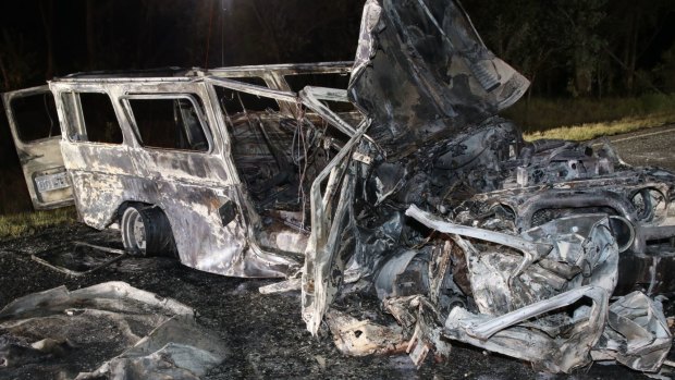 The aftermath of the crash in central Queensland, which killed the driver of a station wagon.