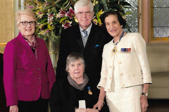 Virginia Walker received her Order of Australia Medal; with brother Alec Walker, his wife Juliette, and NSW governor Marie Bashir, 2014. 