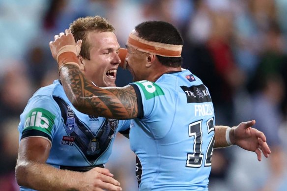 Tyson Frizell and Jake Trbojevic celebrate at the final whistle.