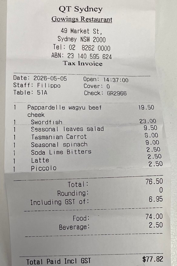 The bill for lunch at Gowings Bar and Grill  in Sydney’s CBD.