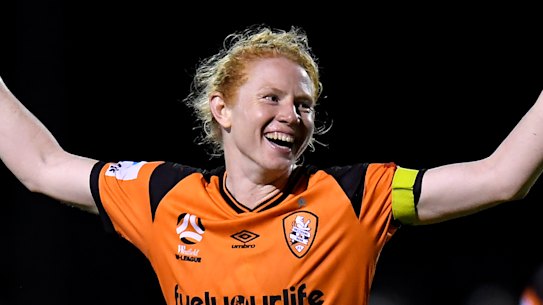 Brisbane Roar skipper and Matildas defender Clare Polkinghorne celebrates after their 6-0 win over Melbourne Victory.