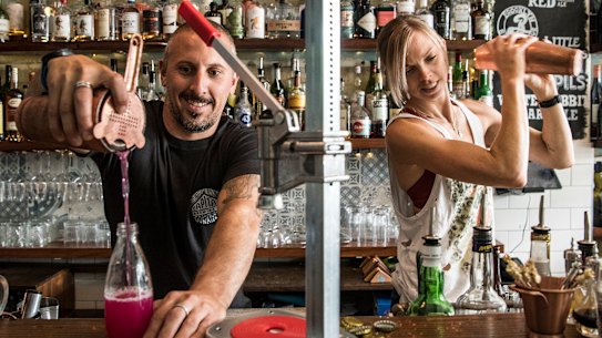 Tess Robens and Fabrizio Culici from The Rio Bar in Summer Hill bottle cocktails for home delivery.