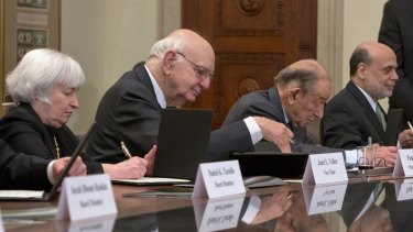 Former Fed chairs (in this archive photo from left) Janet Yellen, Paul Volcker, Alan Greenspan, and Ben Bernanke have united against Trump's meddling.