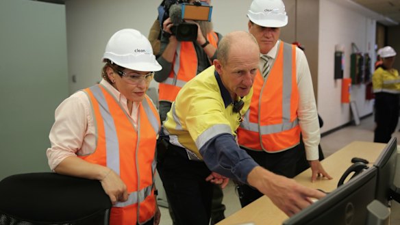 Energy Minister Dr Anthony Lynham and Treasurer Jackie Trad inside CleanCo's hydroelectricity plant at Wivenhoe Dam on Thursday.