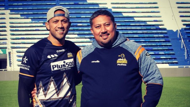 Surprise reunion: Christian Lealiifano was presented with his match jersey by brother Eddie, who had flown to Buenos Aires.