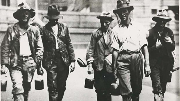 Five men looking for work during the Great Depression.