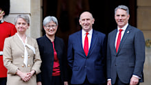 Yvette Cooper, UK foreign secretary, Penny Wong, Australia's foreign affairs minister, John Healey, UK defence secretary, and Richard Marles, Australia's defense minister,