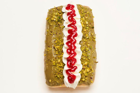 The pistachio raspberry doughnut at Boston Doughnuts. 