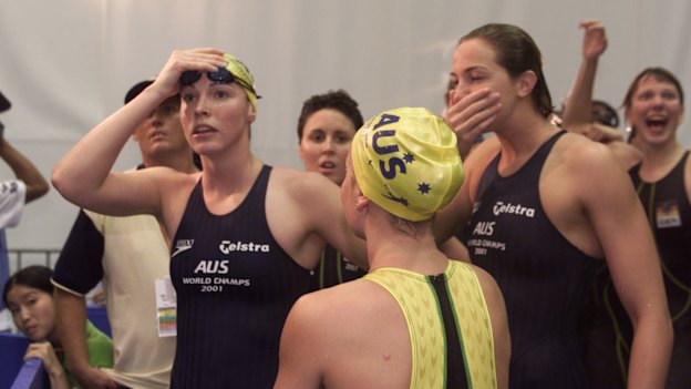 The Australian swimmers react after being disqualified in the women’s 4x200m freestyle relay in Fukuoka at the 2001 world swimming championships.