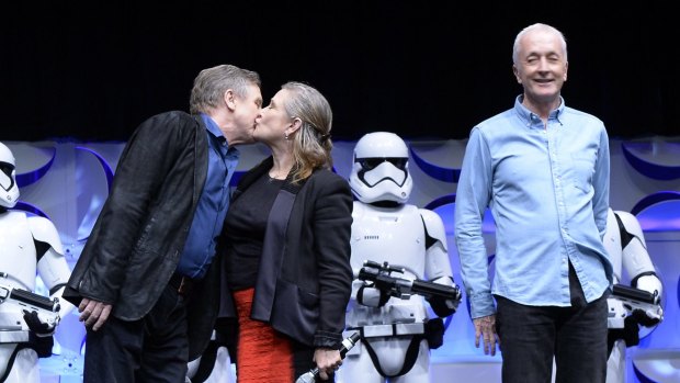Anthony Daniels (right) on stage with Star Wars stars Mark Hamill and Carrie Fisher.