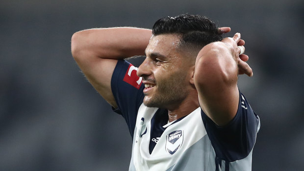 Denied: Victory's Andrew Nabbout reacts after a disallowed goal against the Wanderers.