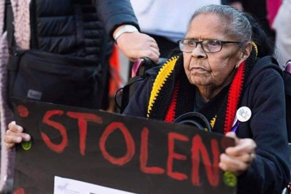 Eunice Wright, daughter of Monty Foster, on the steps of Parliament House in 2019.