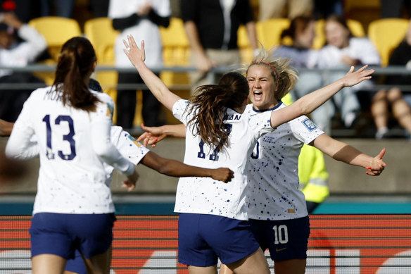 USA captain Lindsey Horan celebrates her goal.