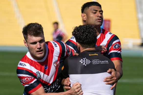 Angus Crichton and Daniel Tupou from the Roosters at their opposed sessions against Catalans ahead of this weekend's World Club Challenge against St Helens.