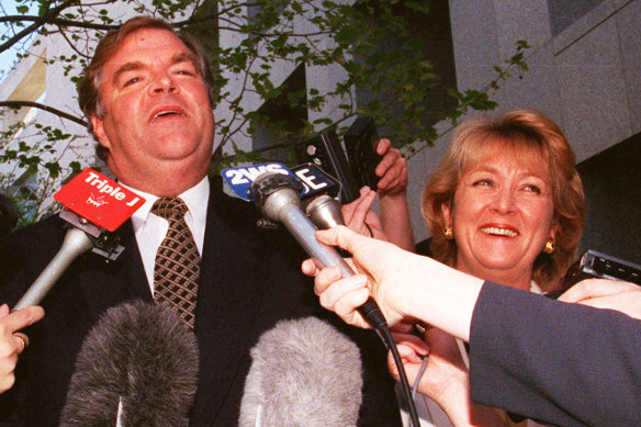 Former Australian Democrats leader Cheryl Kernot at a press conference outside Parliament House with her new boss Kim Beazley after she announced she was quitting the Senate to join the Labor Party on 15 October, 1997.