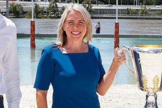 Kate Jones (pictured launching the AFL Grand Final festival in Brisbane in 2020) was formerly a Queensland government minister and is now a strategic adviser for HyperOne.