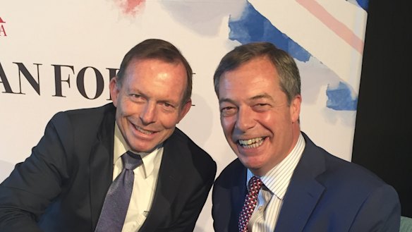 Nigel Farage and Tony Abbott at a conference in Sydney on Friday.