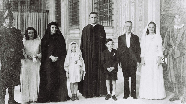 Nuala Considine at her father's presentation to Pope Pius XII as Irish Ambassador to the Holy See. From left: Nuala, Delia Murphy, Orla, Colm, Dr TJ Kiernan and Blon.