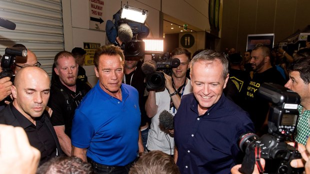 Arnold Schwarzenegger met with Bill Shorten and fans at the Arnold Classic Australia at the Melbourne Convention and Exhibition Centre.
