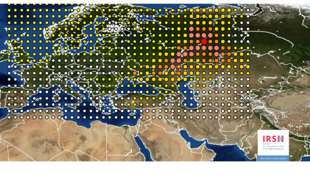 A 2017 photo by the INRS, Institute for Radiological Protection and Nuclear Safety, shows a map of the detection of Ruthenium 106 in France and Europe. 