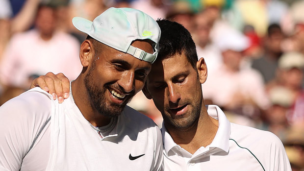 Novak Djokovic and Nick Kyrgios after the Wimbledon final.