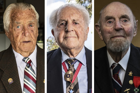 Anzac veterans (from left) Brian Barry, Ross Swan and Max Barry.