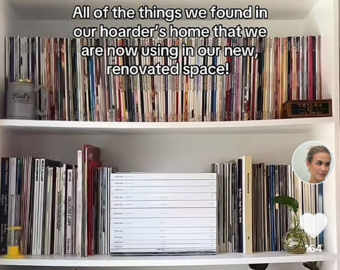 The couple proudly display books and magazines from the hoarder property in their fresh space. 
