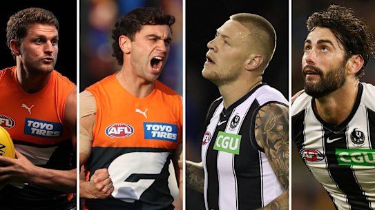Left to right: GWS Giants’ Jacob Hopper and Tim Taranto; Collingwood’s Jordan De Goey and Brodie Grundy.