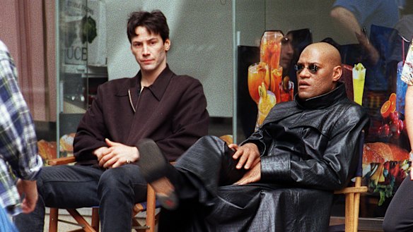 Keanu Reeves and Laurence Fishburne during the Sydney shoot for The Matrix.