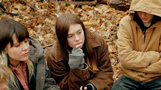 Logan Lane (centre) at a weekly meeting of the Luddite Club in Brooklyn.
