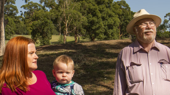 Suzette Meade, pictured with son Ned and former Parramatta councillor Laurie Bennett, said "green space in Parramatta is not safe".