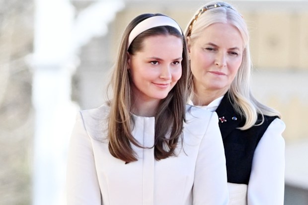 OSLO, NORWAY - APRIL 8: Crown Princess Mette-Marit of Norway and Princess Ingrid Alexandra attend the welcoming ceremony at The Royal Palace in conjunction with the Icelandic State Visit on April 8, 2025 in Oslo, Norway. (Photo by Rune Hellestad - Corbis/Getty Images)