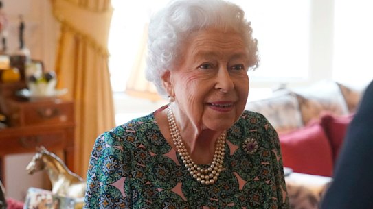 Queen Elizabeth II speaks during an audience at Windsor Castle on Wednesday Feb. 16, 2022. 