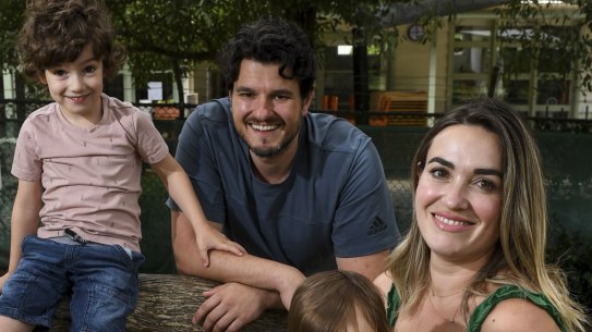 Christina Paleologos, Steve Manos and their kids Ares 5 years old and Atlas 14 months old (Both Manos) at the Brookville Kindergarten in Toorak.
